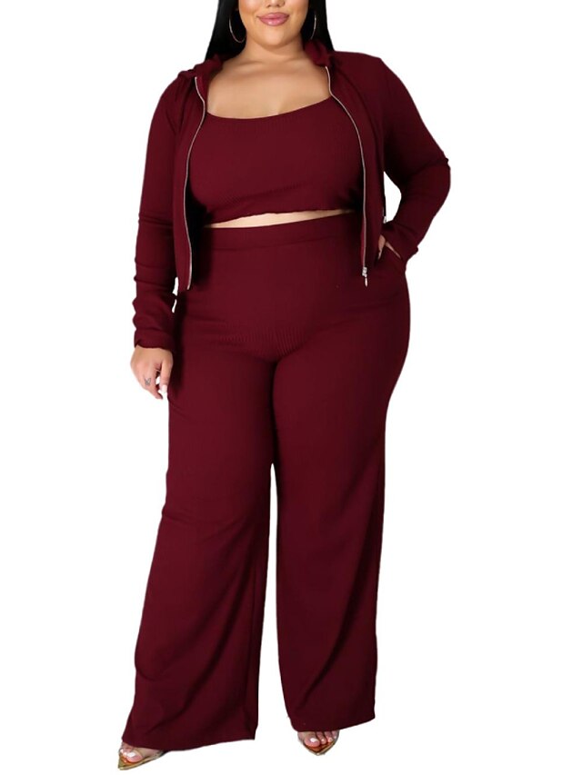 Womens Clothing Plus Size Collection | Womens Plus Size Tops Plus Size Set Solid Color Long Sleeve Round Neck Basic Preppy Daily