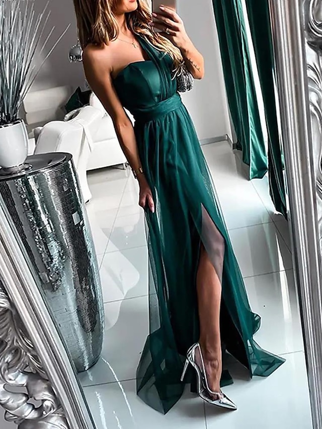  A-Line Wedding Guest Dresses Sexy Dress Wedding Guest Prom Sweep / Brush Train Sleeveless One Shoulder Polyester with Pleats Slit 2024