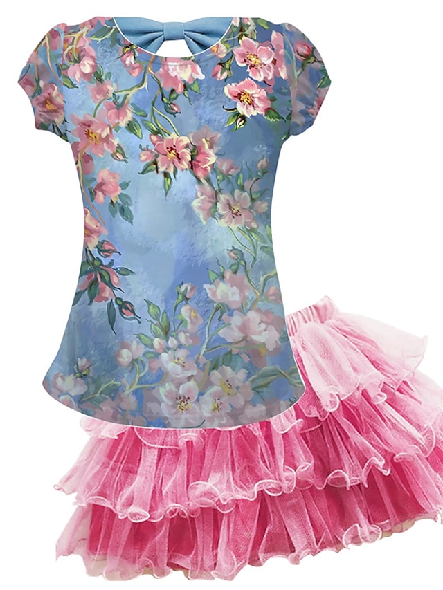 Baby & Kids Girls Clothing | Kids Girls T-shirt & Skirt Skirt Set Clothing Set 2 Pieces Short Sleeve Blue Floral Mesh Bow Print 