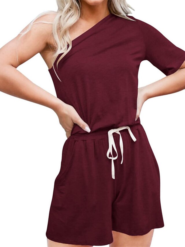 Womens Clothing Womens Jumpsuits & Rompers | Womens Romper Pocket Solid Color One Shoulder Casual Street Daily Regular Fit Short