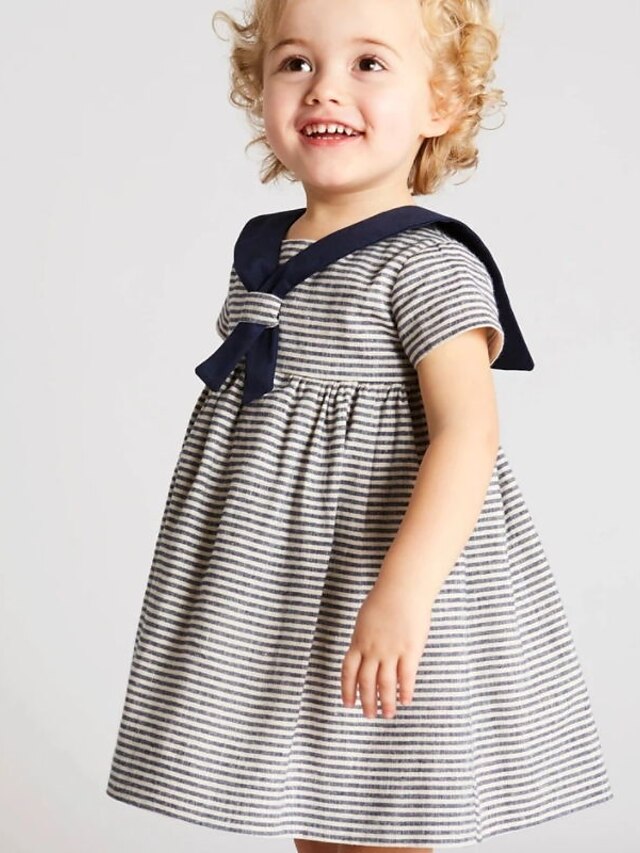 Baby & Kids Girls Clothing | Kids Little Girls Dress Striped A Line Dress Daily Patchwork Gray Above Knee Short Sleeve Beautiful