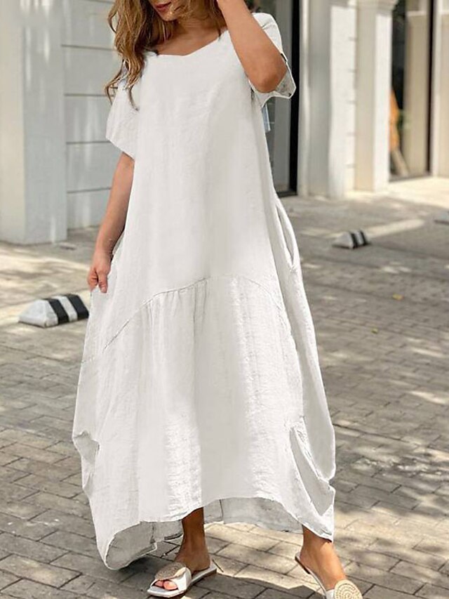 Womens Clothing Womens Dresses | Womens A Line Dress Maxi long Dress White Black Pink Yellow Short Sleeve Pure Color Pocket Spri