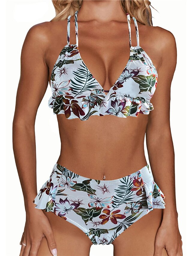 Womens Clothing Womens Swimwear | Womens Swimwear Bikini 2 Piece Normal Swimsuit Tummy Control Open Back Printing Floral Leaves 