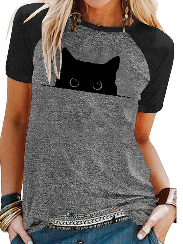 Womens Clothing Womens Tops | Womens Cat Graphic Patterned Casual Daily Holiday Cat T shirt Dress Short Sleeve Print Round Neck 