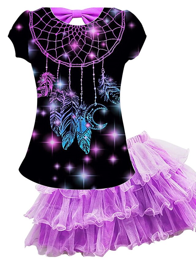 Baby & Kids Girls Clothing | Kids Girls T-shirt & Skirt Skirt Set Clothing Set 2 Pieces Short Sleeve Purple Graphic Mesh Bow Pri