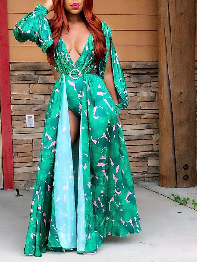 Womens Clothing Womens Dresses | Womens Swing Dress Maxi long Dress Green Long Sleeve Floral Backless Split Patchwork Spring Sum