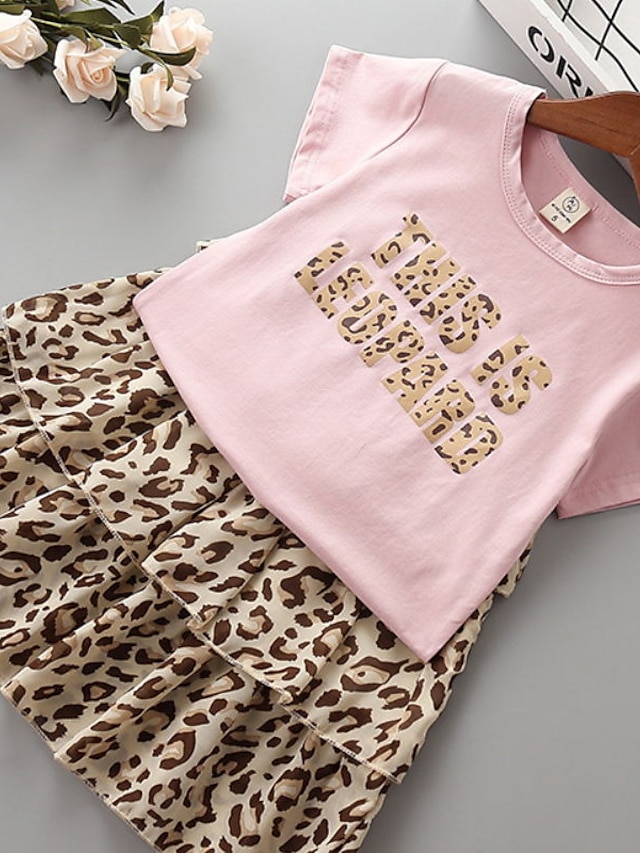 Baby & Kids Girls Clothing | Kids Girls T-shirt & Skirt Clothing Set 2 Pieces Short Sleeve White Pink Leopard Letter Print Stree