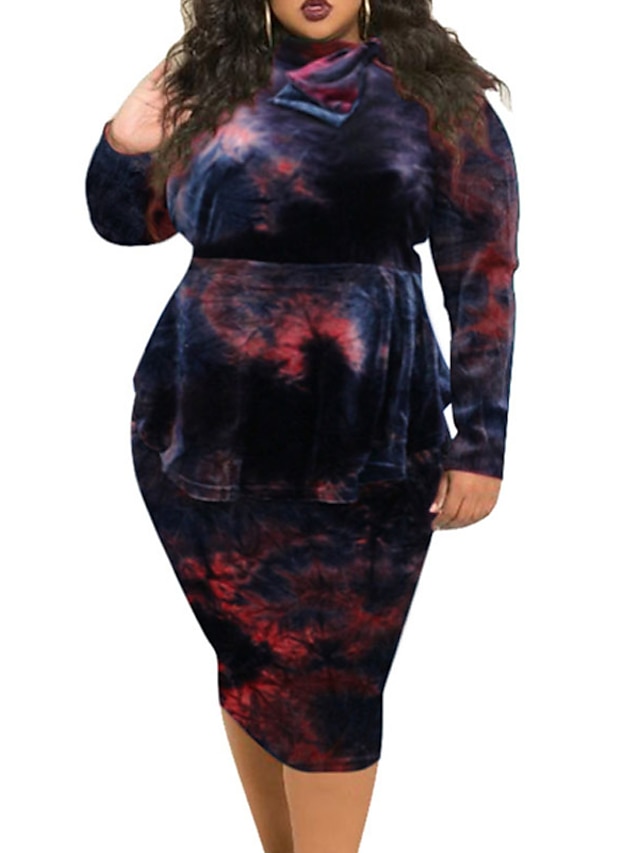 Womens Clothing Plus Size Collection | Womens Plus Size Sheath Dress Tie Dye Turtleneck Long Sleeve Fall Winter Work Midi Dress 