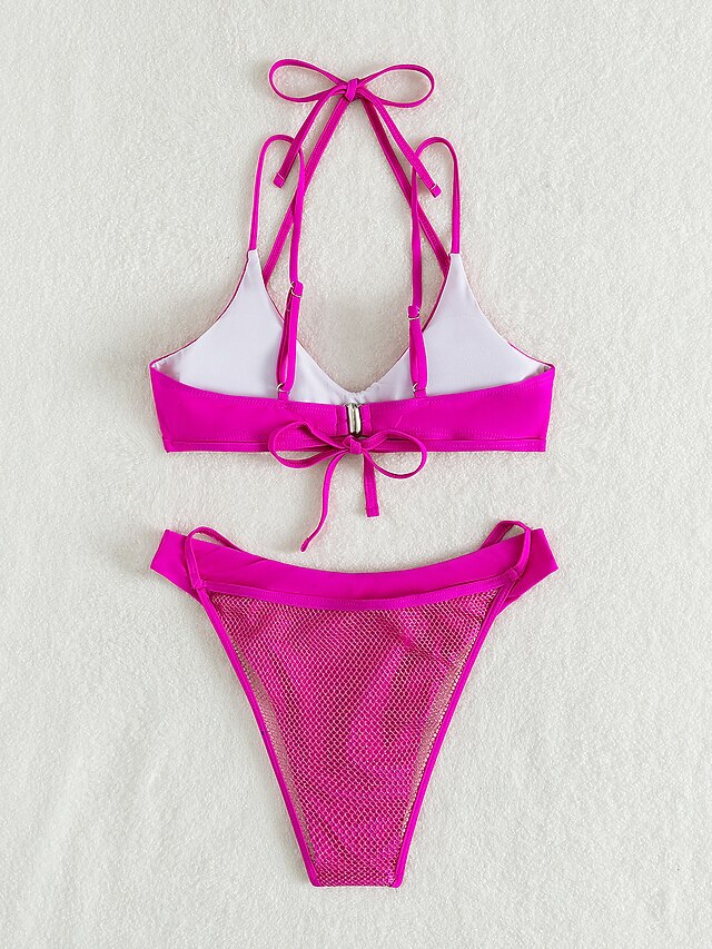 Womens Clothing Womens Swimwear | Womens Swimwear Bikini 2 Piece Normal Swimsuit Backless Mesh Pure Color Fuchsia Halter V Wire 