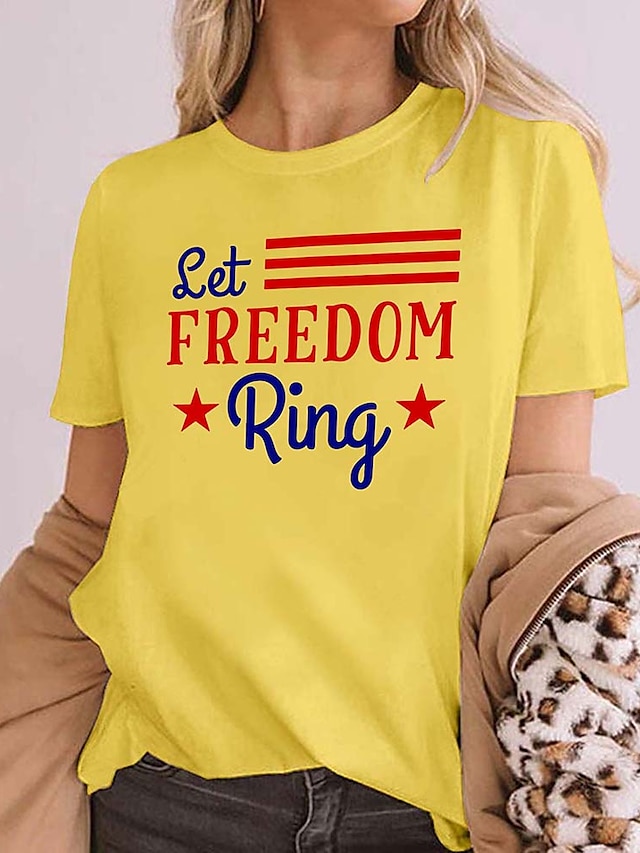 Womens Clothing Womens Tops | Womens Text Star Casual Weekend Independence Day Painting T shirt Tee Short Sleeve Print Round Nec