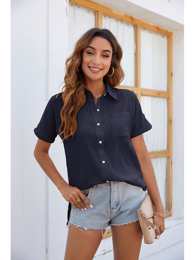  Women's Blouse Plain Daily Weekend Blouse Shirt Short Sleeve Pocket Button Shirt Collar Casual Streetwear White Black Pink S