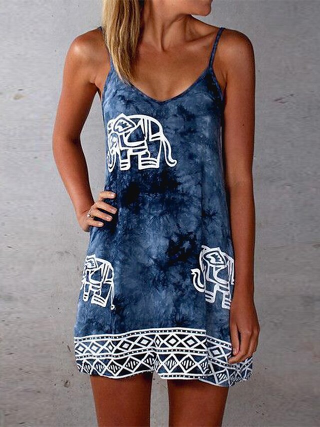 Womens Clothing Womens Dresses | Womens A Line Dress Short Mini Dress Blue Sleeveless Print Ruched Print Spring Summer Spaghetti