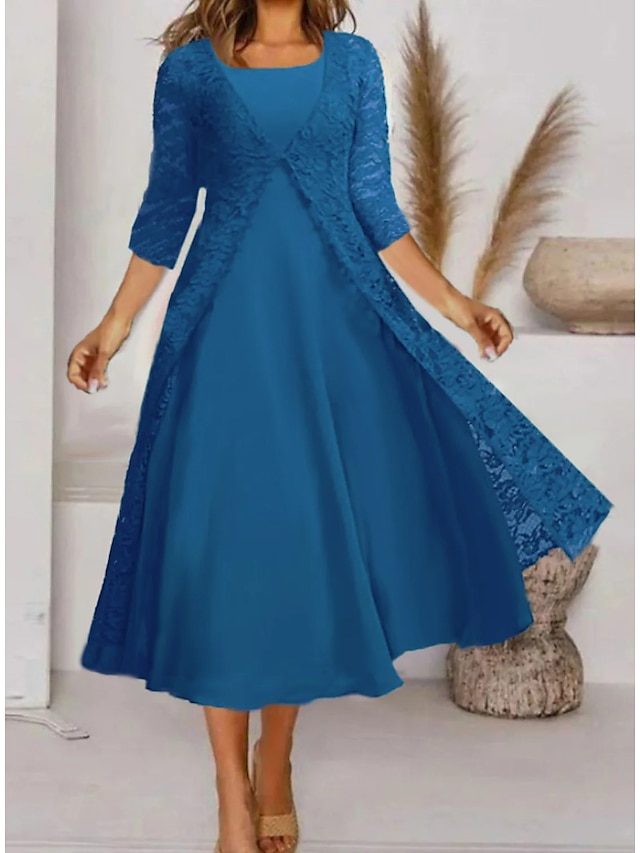 Womens Clothing Womens Dresses | Womens A Line Dress Midi Dress Royal Blue 3/4 Length Sleeve Pure Color Ruched Lace Spring Summe