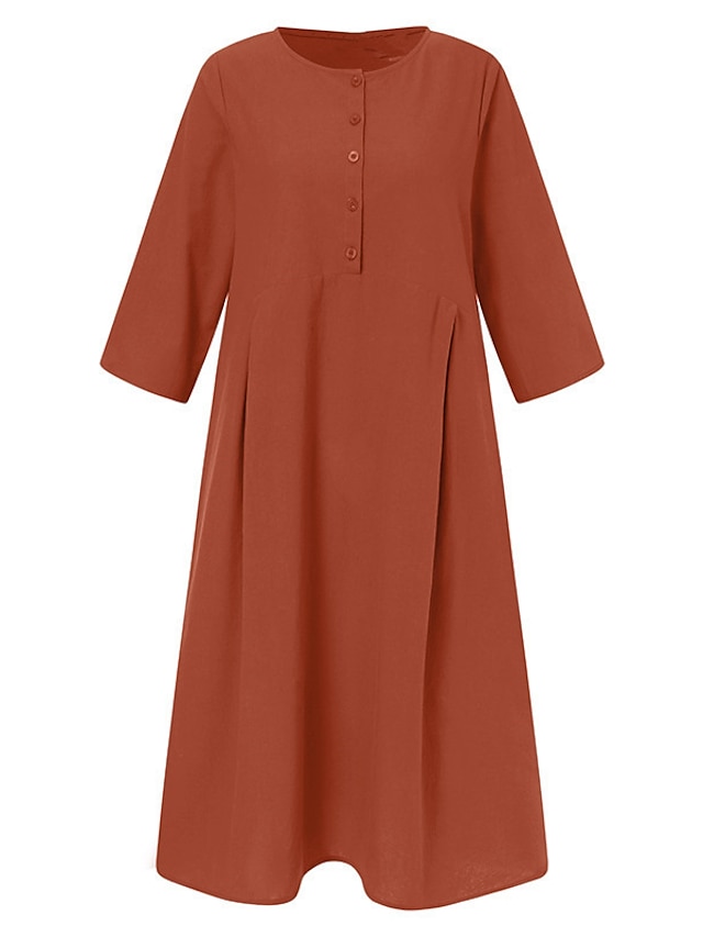 Womens Clothing Plus Size Collection | Womens Plus Size Shift Dress Solid Color Round Neck Ruched 3/4 Length Sleeve Spring Summe