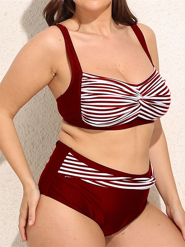 Womens Clothing Womens Swimwear | Womens Swimwear Bikini 2 Piece Plus Size Swimsuit Backless Printing fold over Striped Black Bl