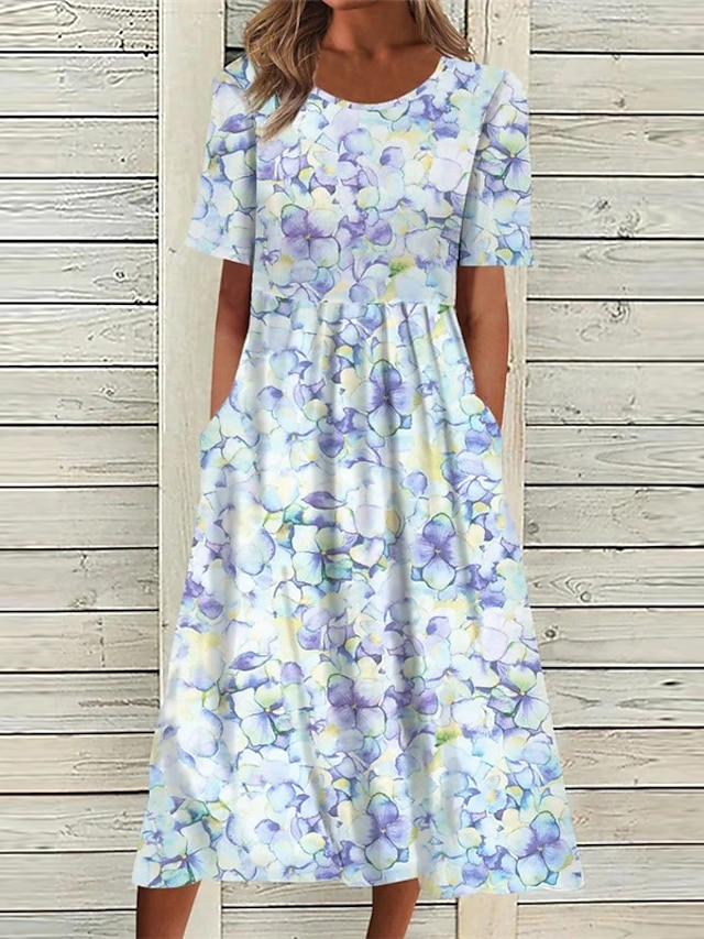 Women's Shift Dress Swing Dress Midi Dress Blue Short Sleeve Floral ...