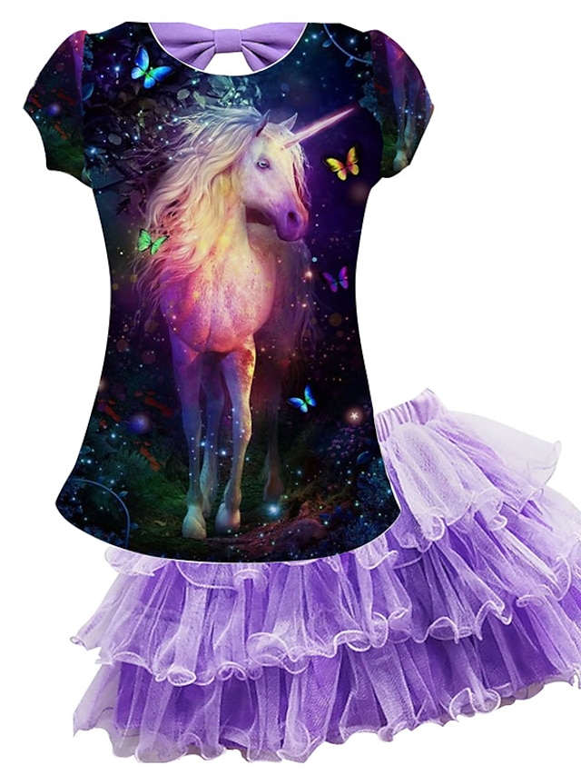 Baby & Kids Girls Clothing | Kids Girls T-shirt & Skirt Skirt Set Clothing Set 2 Pieces Short Sleeve Purple Unicorn Animal Mesh 