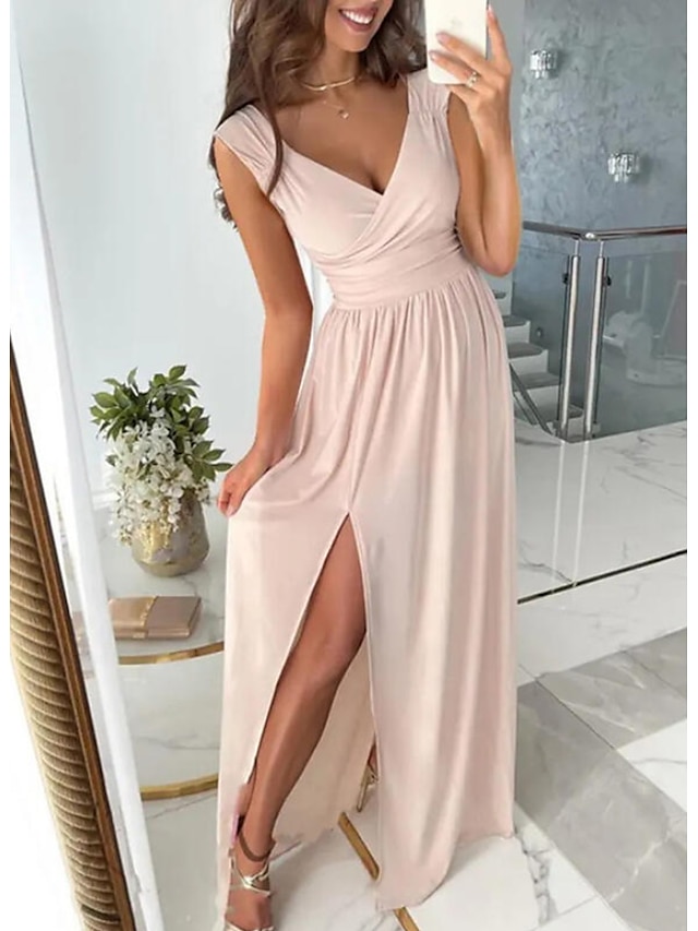 Womens Clothing Womens Dresses | Womens A Line Dress Maxi long Dress Pink Sleeveless Solid Color Ruched Spring Summer V Neck Ele