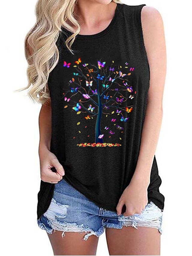 Womens Clothing Womens Tops | Womens Daily Weekend Floral Butterfly Tank Top Camis Butterfly Tree Sleeveless Print Round Neck Ca