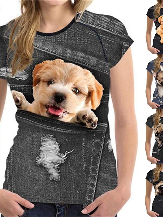  女の子 3D 動物 猫 犬 Tシャツ 半袖 3Dプリント 夏 春 活発的 ファッション かわいいスタイル ポリエステル 子供 3〜12年 アウトドア 日常 レギュラー