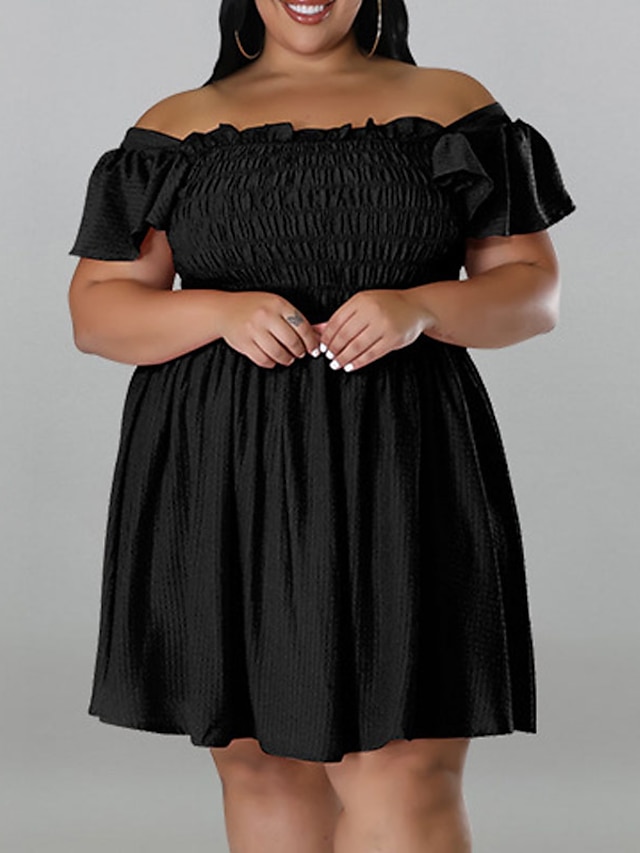 Womens Clothing Plus Size Collection | Womens Plus Size A Line Dress Solid Color Off Shoulder Short Sleeve Spring Summer Sexy Kn