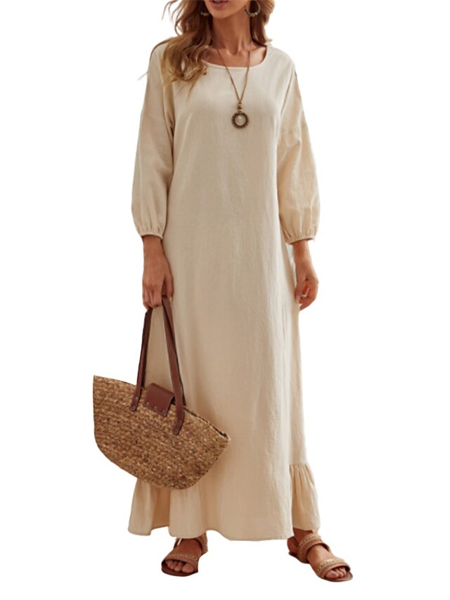 Womens Clothing Womens Dresses | Womens Linen Dress Maxi long Dress Beige Long Sleeve Solid Color Patchwork Summer Round Neck Vi