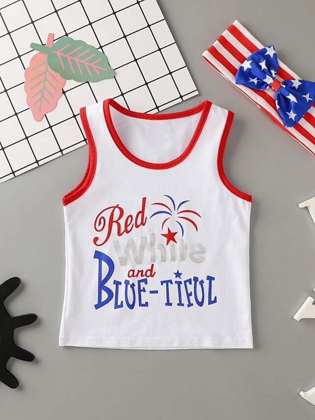 Baby & Kids Girls Clothing | Kids Girls American National Day Tank & Shorts Clothing Set 3 Pieces Short Sleeve White Flag Letter