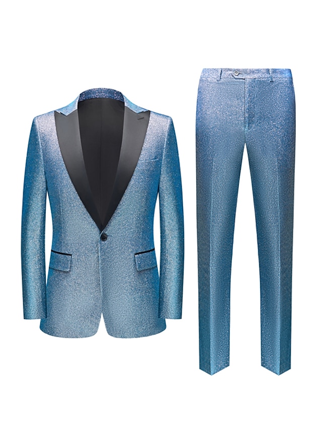  Silver Sky Blue Gold Men's Party Prom Disco Suits 2 Piece Sparkling Glitter Peak Tailored Fit Single Breasted One-button 2024