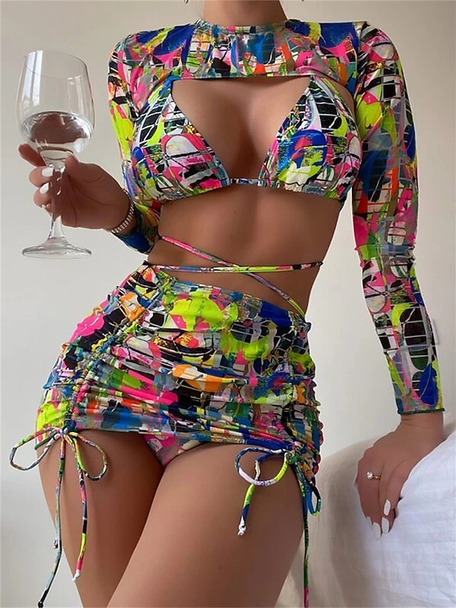 Womens Clothing Womens Swimwear | Womens Swimwear Bikini Four Piece Normal Swimsuit Backless Ruched Printing string Graphic Patt