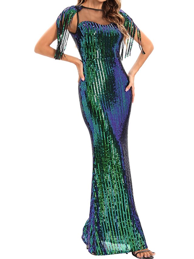 Womens Clothing Womens Dresses | Womens Sheath Dress Maxi long Dress Green Black Sleeveless Pure Color Sequins Tassel Fringe Mes