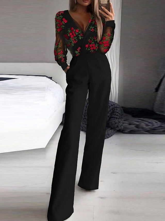 Damen Jumpsuit Bedruckt Blumen V Ausschnitt Elegant Formell Party