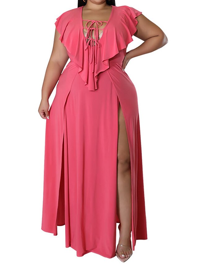 Womens Clothing Plus Size Collection | Womens Plus Size Swing Dress Solid Color V Neck Split Sleeveless Spring Summer Casual Max