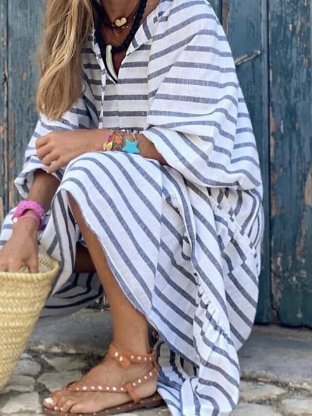 Womens Clothing Womens Dresses | Womens A Line Dress Maxi long Dress White Long Sleeve Striped Ruched Print Spring Summer V Neck