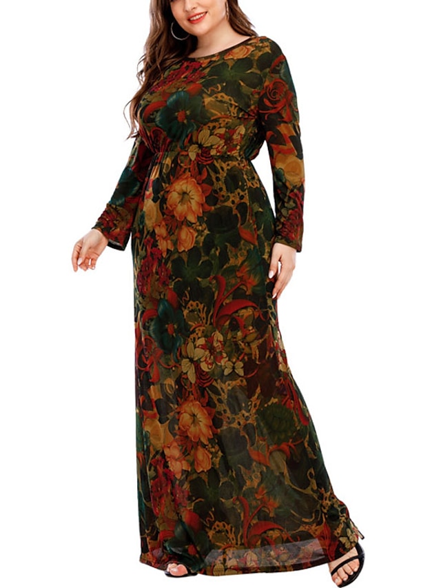 Womens Clothing Plus Size Collection | Womens Plus Size Sheath Dress Floral Round Neck Long Sleeve Spring Summer Casual Maxi lon