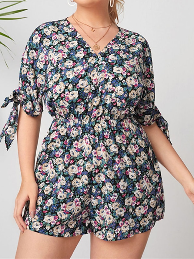 Womens Clothing Plus Size Collection | Womens Plus Size Jumpsuit Romper Print Floral Casual Streetwear Casual Daily High Short S