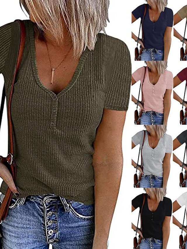  Women's Henley Shirt T shirt Tee Black White Pink Plain Button Short Sleeve Casual Daily Sexy Round Neck Regular S