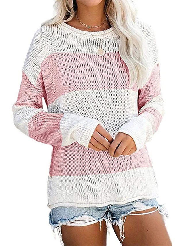 Womens Clothing Sweaters & Cardigans | Womens Pullover Sweater Jumper Knit Tunic Knitted Striped Crew Neck Stylish Casual Daily 