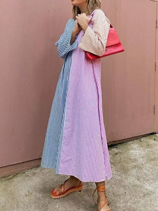 Womens Clothing Womens Dresses | Womens Swing Dress Maxi long Dress Pink Long Sleeve Striped Split Print Spring Summer V Neck St