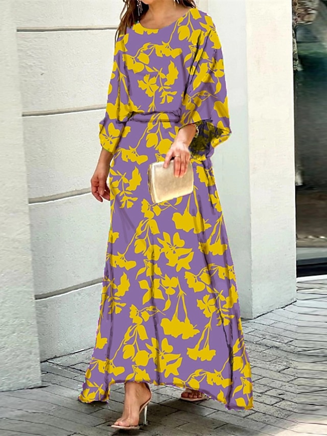 Womens Clothing Womens Dresses | Womens A Line Dress Maxi long Dress Green White Black Purple Long Sleeve Floral Color Block Lin