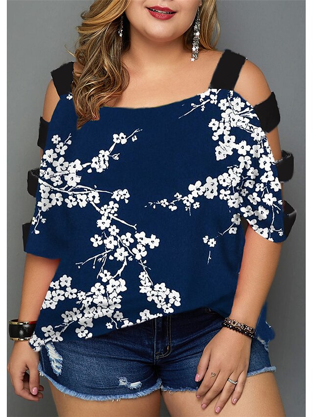 Womens Clothing Plus Size Collection | Womens Plus Size Tops Blouse Shirt Floral Cut Out Print Half Sleeve V Neck Streetwear Dai