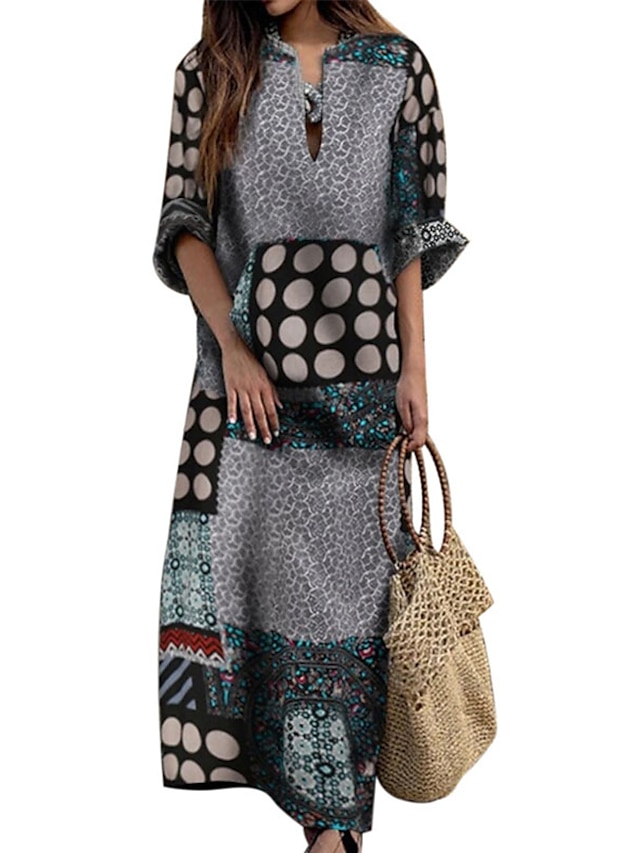 Womens Clothing Womens Dresses | Womens Shift Dress Maxi long Dress Green Wine Long Sleeve Floral Polka Dot Print Print Spring S