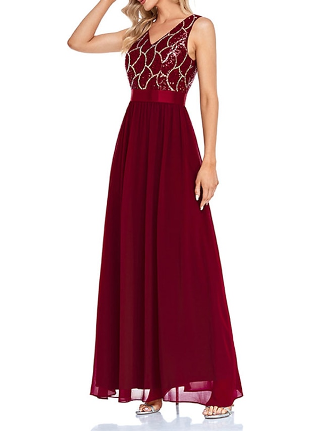 Womens Clothing Womens Dresses | Womens Party Dress Maxi long Dress Wine Sleeveless Solid Color Sequins Spring Summer V Neck Par