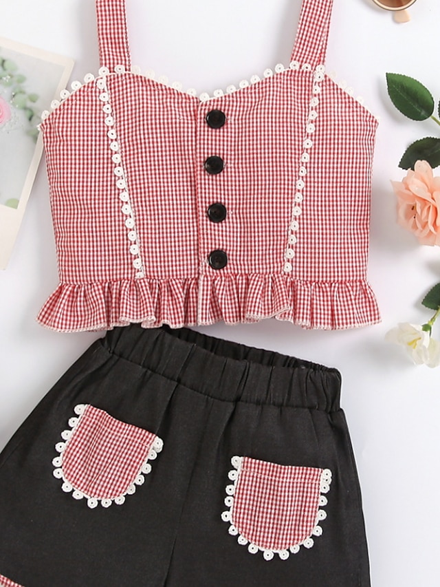 Baby & Kids Girls Clothing | Kids Girls Tank & SKirt Clothing Set 2 Pieces Sleeveless Pink Plaid Backless Street Outdoor Cute Sw