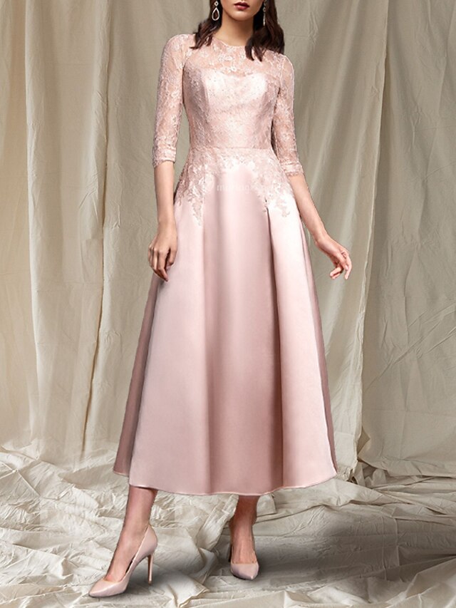 Beach Wedding A-Line Mother of the Bride Dress Elegant Jewel Neck Tea Length Chiffon Half Sleeve with Lace