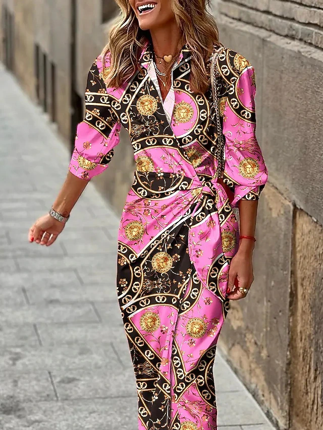 Women's Shirt Dress Casual Dress Color Block Rainbow Patchwork Print Shirt Collar Maxi long Dress Stylish Casual Daily Long Sleeve Fall Winter 11