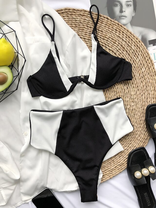 Womens Clothing Womens Swimwear | Womens Swimwear Bikini 2 Piece Normal Swimsuit Backless High Waisted Color Block Black V Wire 