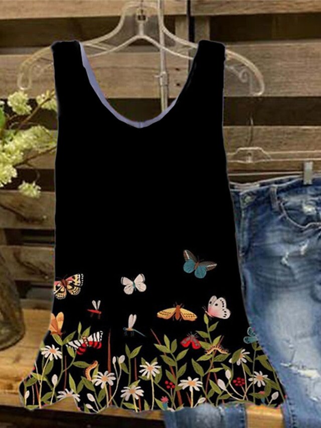 Womens Clothing Plus Size Collection | Womens Plus Size Tops Tank Top Floral Butterfly Print Sleeveless V Neck Streetwear Daily 