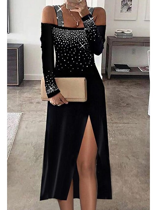 Womens Clothing Womens Dresses | Womens A Line Dress Midi Dress Black Long Sleeve Polka Dot Sequins Split Cold Shoulder Spring S