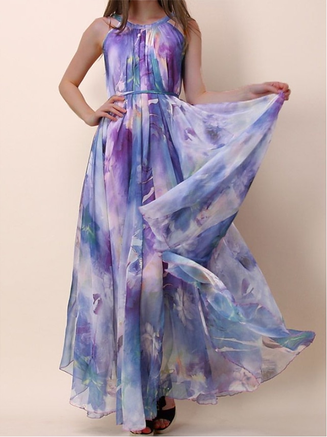 Womens Clothing Womens Dresses | Womens A Line Dress Maxi long Dress Purple Sleeveless Floral Ruched Print Spring Summer Crew Ne