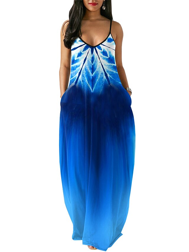  Women's Swing Dress Strap Dress Maxi long Dress Blue Sleeveless Print Color Gradient Patchwork Print Spring Summer Spaghetti Strap Casual Fashion Modern 2022 S M L XL XXL